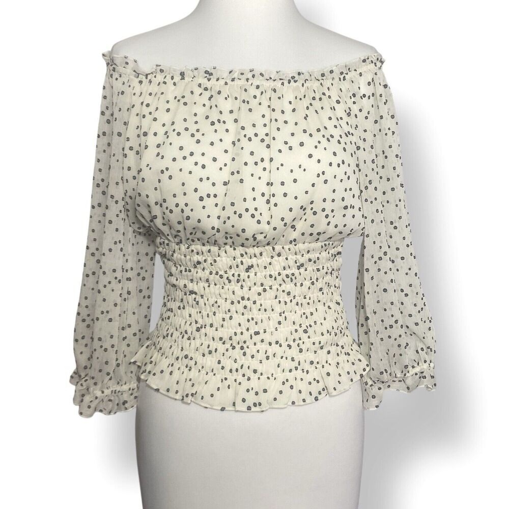 Anthropologie Babydoll Top Blouse Polka Dot Women S Cream White Open Shoulder